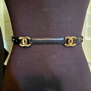 CHANEL Black Leather Belt with Gold Logo